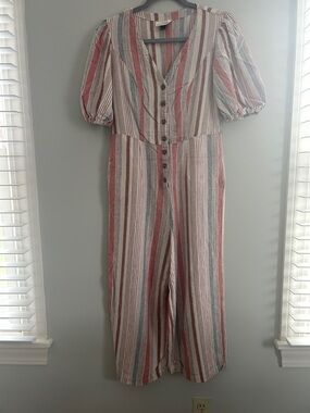 Universal Thread Striped Button-Front Jumpsuit in Red, Cream & Blue